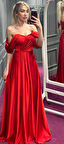 Kırmızı  Kloş Etekli Saten Uzun Abiye Elbise 7350