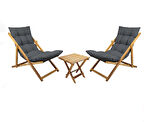 BySay Ahşap Katlanabilir Taşınır Puf Minderli Şezlong Balkon Sandalyesi Takımı 3 Lü Set Antrasit