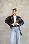 Kemerli Crop Deri Oversize Kadın Yeni Sezon Ceket