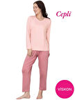 Kadın Bisiklet Yaka Düğmesiz Viskon Mevsimlik Uzun Kol Cepli Pijama Takımı