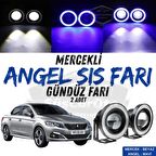 Peugeot 301 2012-2021 Uyumlu Üniversal Mercekli Angel Sis Farı Metal Su Geçirmez 76 mm Mavi Halkalı Gündüz Farı Angel Eyes 2 Adet