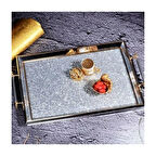 Kosova Ga-584 Kulplu Taşlı Dikdörtgen Tepsi(50*31) (Gümüş-Altın-Gümüş)