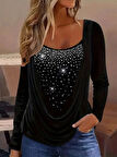 MDB Kadın Uzun Kollu Derin Degaje Yakalı Taşlı Sandy Bluz