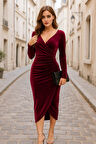 MDB Kadın Uzun Kollu Kruvaze Yaka Belden Büzgü Detay Midi Kadife Elbise