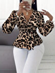 MDB Kadın Uzun Kollu Kruvaze Yakalı Belden Kuşaklı Leopar Desenli Süprem Bluz