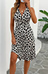 MDB Kadın Sıfır Kollu önden çapraz Detaylı Leopar Desenli Süprem Elbise