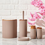 Bath Ahşap Desenli 5 li Banyo Seti - Bej