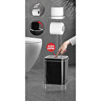 Yedekli Wc Kağıtlığı ve Kare Çöp Kovası Seti - Siyah / Krom