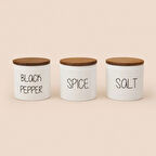 Nero Ahşap Kapaklı 3'lü Seramik Baharatlık Seti - Beyaz / Açık Kahverengi