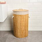 Living Katlanır Yuvarlak Bambu Kirli Çamaşır Sepeti - Bej - 60 lt