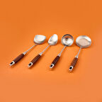 4'lü Ahşap Saplı Kepçe Seti - Gri / Kahverengi