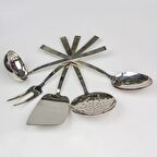 5'li Çelik Spatula Servis Kaşığı Çatalı Kevgir Kepçe Takımı Seti