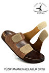 Sermoda Çift Toka Ayarlanabilir Genişlik Esnek Rahat Deri Erkek Terlik 25103 C Taba