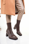 Kadın Streç Topuklu Bot - Küt Burun Topuklu Streç Farmuarlı Kadın Bot Kahve