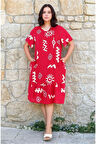 Kadın Desenli Kısa Kol Kırmızı Cepli Fırfırlı Büyük Beden Elbise Viskon Yazlık Plaj Tatil Elbisesi