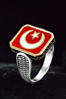 Erkek Gümüş Yüzük - Ay Yıldız Türk Bayrağı İnce Kibar Model Erkek Yüzük