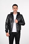 Deri Effect Erkek Siyah Kapüşonlu Hakiki Deri Ceket