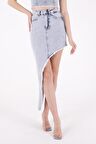 Püsküllü ve Çapraz Kesim Detaylı Cepli Astarsız Normal Belli Kadın Kot Etek Orta Mavi Denim Yaz