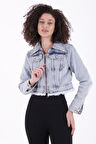 Püskül Detaylı ve Fermuarlı Kolları Düğmeli Kısa Kot Kadın Ceket Kar Yıkama Açık Mavi Denim
