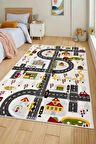 Oyun Şehri Çocuk Oyun Halısı | 3 Boyutlu Araba Yolu Desenli, Tozumaz, Kolay Temizlik, Jüt Tabanlı