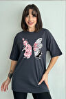 Kadın Çiçekli Kelebek Baskılı Bisiklet Yaka Oversize T-Shirt