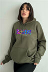 Kadın Renkli Believe Baskılı Oversize Kapüşonlu Sweatshirt