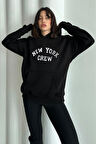 Kadın New York Crew Baskılı Oversize Kapüşonlu Sweatshirt