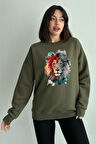 Kadın Aslan Baskılı Oversize Bisiklet Yaka Sweatshirt