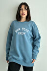 Kadın New York Crew Baskılı Oversize Bisiklet Yaka Sweatshirt