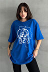 Kadın Yüz Baskılı Bisiklet Yaka Oversize T-Shirt