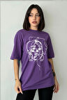 Kadın Yüz Baskılı Bisiklet Yaka Oversize T-Shirt