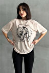 Kadın Yüz Baskılı Bisiklet Yaka Oversize T-Shirt