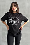 Kadın Raw Authentic Baskılı Bisiklet Yaka Oversize T-Shirt