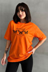 Kadın Papllion Kelebek Baskılı Bisiklet Yaka Oversize T-Shirt