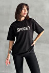 Kadın Spooky Baskılı Bisiklet Yaka Oversize T-Shirt