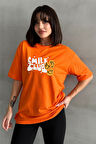 Kadın Smile Club Baskılı Bisiklet Yaka Oversize T-Shirt