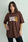 Kadın Smile Club Baskılı Bisiklet Yaka Oversize T-Shirt