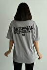 Kadın Antisocial Butterfly Baskılı Bisiklet Yaka Oversize T-Shirt