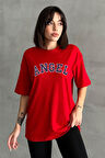 Kadın Angel Baskılı Bisiklet Yaka Oversize T-Shirt
