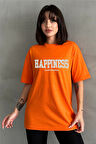 Kadın Happiness Baskılı Bisiklet Yaka Oversize T-Shirt