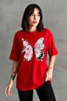 Kadın Çiçekli Kelebek Baskılı Bisiklet Yaka Oversize T-Shirt