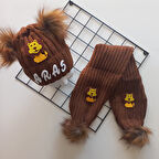 MARS BABY Bebek Erkek Çocuk İsimli Kişiye Özel Taba Kahverengi Aslan Çift Ponponlu Atkı Bere Takımı