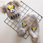 MARS BABY Bebek Kız Çocuk İsimli Bej Sarı Minnie Çift Ponponlu Atkı Bere Takımı