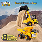 HUINA 1515 1/24 9CH RC Damperli Kamyon & Wheel Loader Dozer Kazıcı Set İş Makinesi İnşaat Uzaktan Kumandalı RC Model Metal Kepçeli - 2.4G Gerçekçi Similasyon Ses ve Işık Sistemi