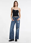 Guess Jeans Yüksek Bel Geniş Paça Relaxed Lacivert Kadın Denim Pantolon Guess Jeans Kadın Relaxed Fit Jean