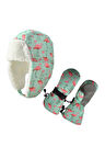 Petityu Su Geçirmez Kız Çocuk Bere Eldiven Set Mint Üstü Pembe Flamingo Desenli Kayak Snowbord 2-4 Yaş