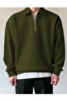 Erkek Polo Yaka Oversize Sweatshirt Yarım Fermuar Sweatshirt 