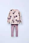 Kız Çocuk 3 iplik Pamuklu Kumaş Lale Desenli Sweatshirt ve FitilliTayt Alt Üst Takım