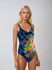 Kadın Lacivert Tropikal Yaprak Desen Yüzücü Mayo HZL25S-LC0046