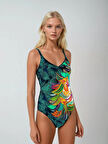 Kadın Yeşil Tropikal Yaprak Desen Yüzücü Mayo HZL25S-LC0046